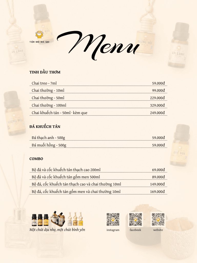 Menu giá tinh dầu thơm Tiệm nhỏ nhà Gạo